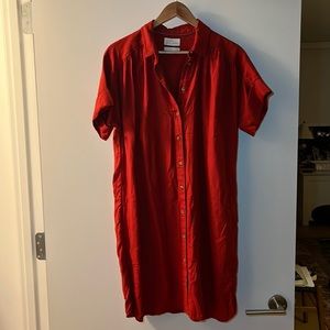 J. Crew Deep Orange 100% Linen Relaxed Fit Shirt Dress Pockets Knee Length Small